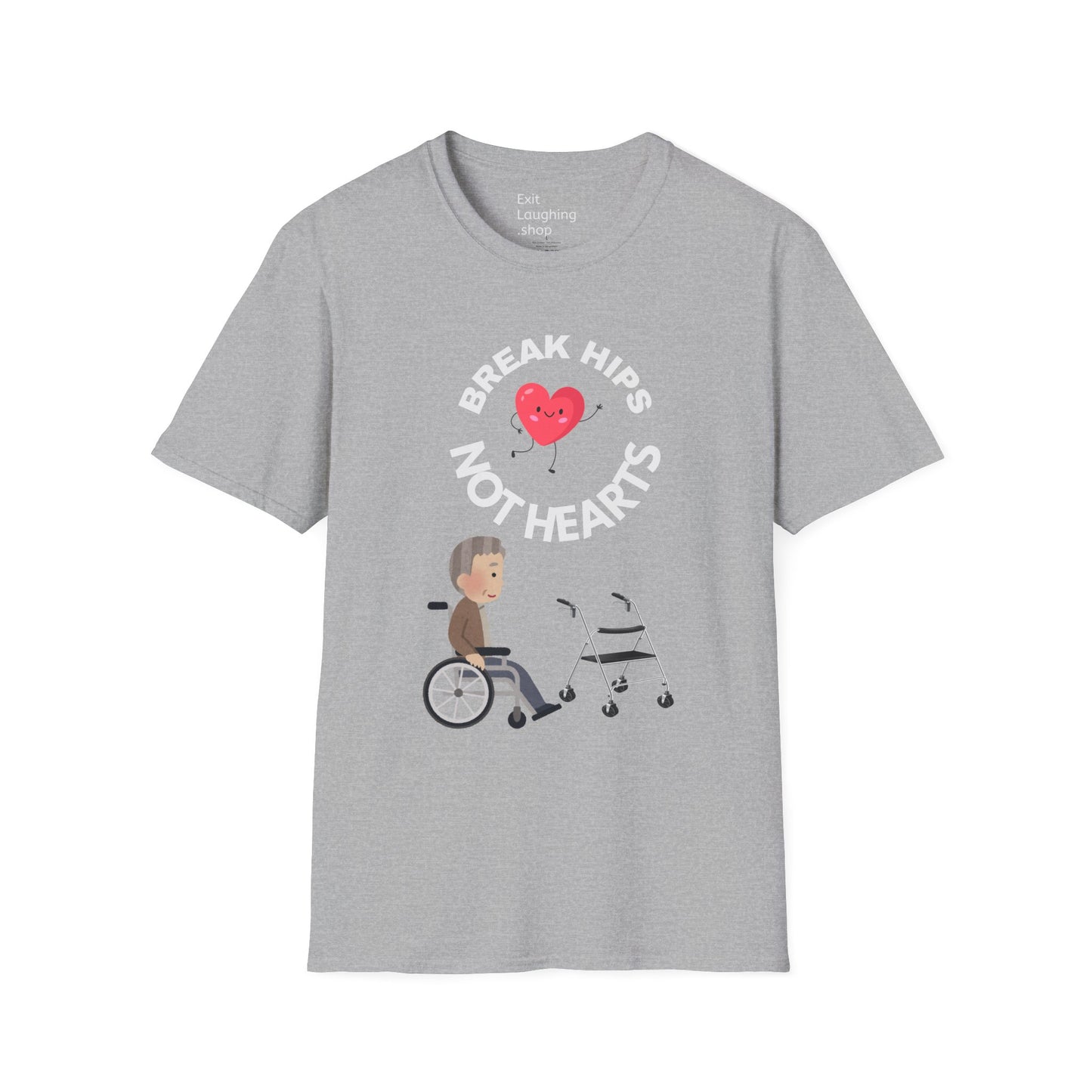 Funny Senior Tee – “Break Hips, Not Hearts” – Sarcastic Senior Merch, Dark Humor Shirt & Funny Aging T-Shirt, Perfect Retirement Gift for Seniors and Aging Romantics
