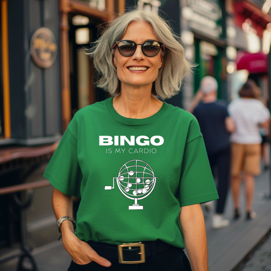 Funny Senior Tee – “BINGO Is My Cardio” – Sarcastic Senior Merch, Dark Humor Shirt & Funny Aging T-Shirt, Perfect Retirement Gift for Seniors