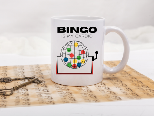 Funny Senior Coffee Mug ‘Bingo Is My Cardio’ – Sarcastic Senior Merch, Dark Humor Coffee Cup, Perfect Retirement Gift for Seniors, Grandparents, and Aging Legends