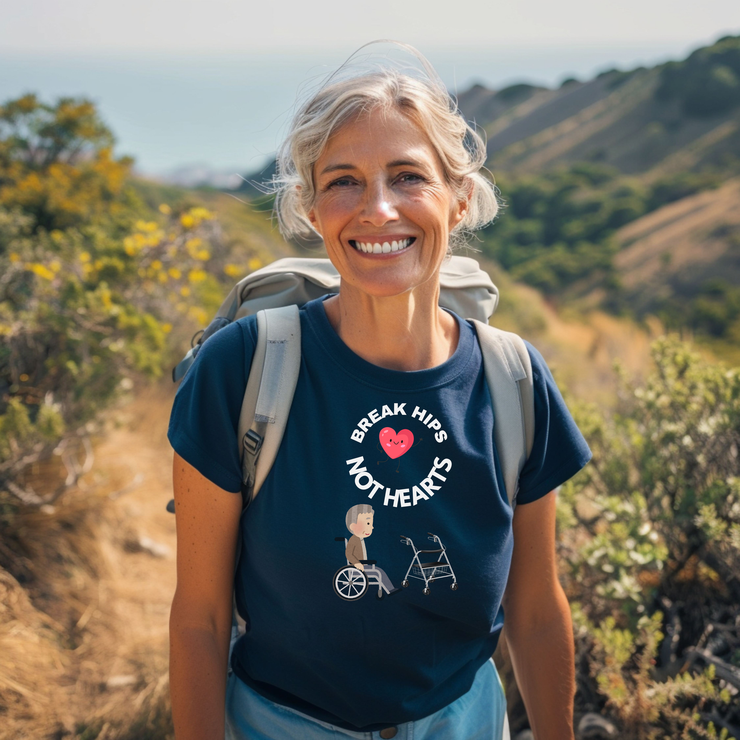 Funny Senior Tee – “Break Hips, Not Hearts” – Sarcastic Senior Merch, Dark Humor Shirt & Funny Aging T-Shirt, Perfect Retirement Gift for Seniors and Aging Romantics