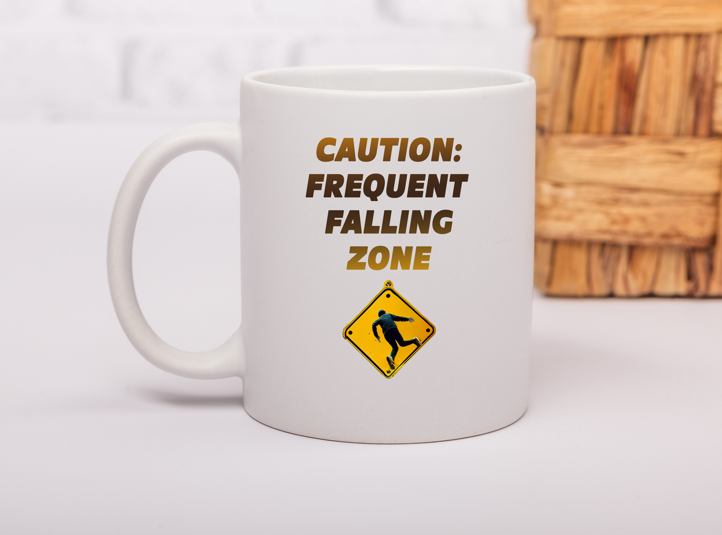 Funny Senior Coffee Mug ‘Caution: Frequent Falling Zone’ – Sarcastic Senior Merch, Dark Humor Coffee Cup, Perfect Retirement Gift for Seniors, Grandparents, and Aging Legends