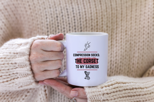 Funny Senior Coffee Mug ‘Compression Socks: The Corset for My Sadness’ – Sarcastic Senior Merch, Dark Humor Coffee Cup, Perfect Retirement Gift for Seniors, Grandparents, and Aging Legends