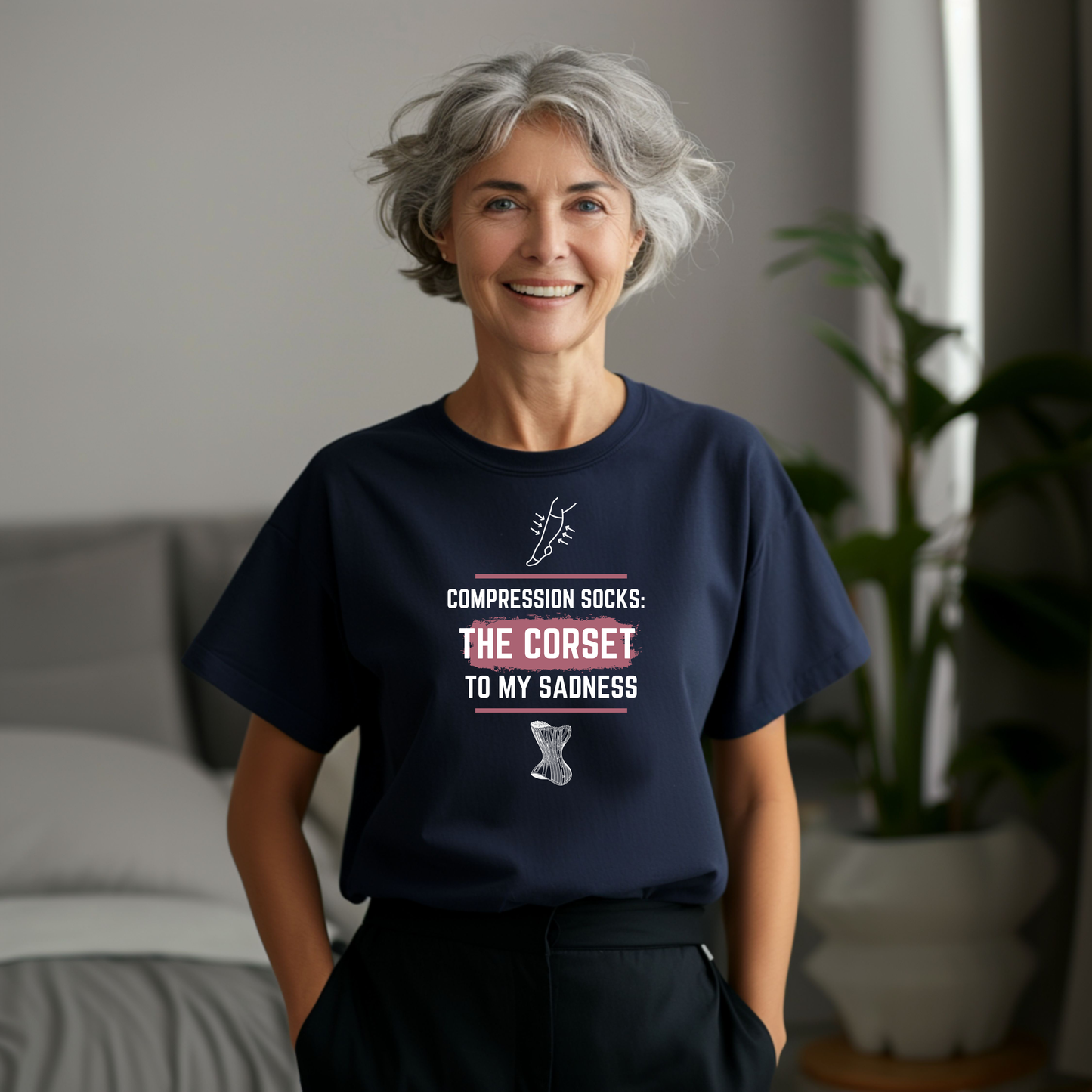 Funny Senior Tee – “Compression Socks: The Corset to My Sadness” – Sarcastic Senior Merch, Dark Humor Shirt for Aging Legs, Funny Aging T-Shirt & Retirement Gift