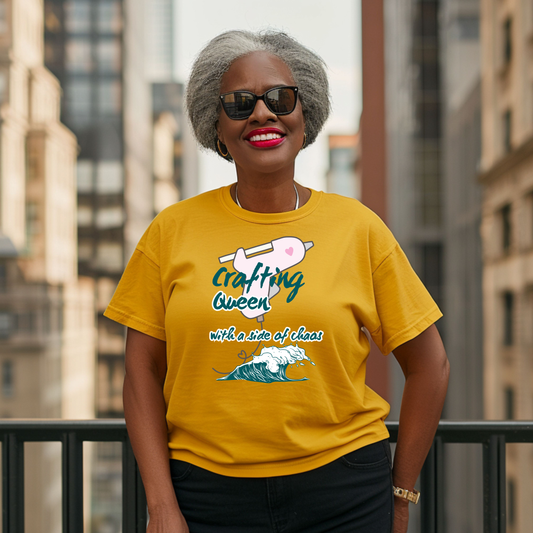 Funny Senior Tee – “Crafting Queen with a Side of Chaos” – Sarcastic Senior Merch, Dark Humor Shirt & Funny Aging T-Shirt, Perfect Retirement Gift