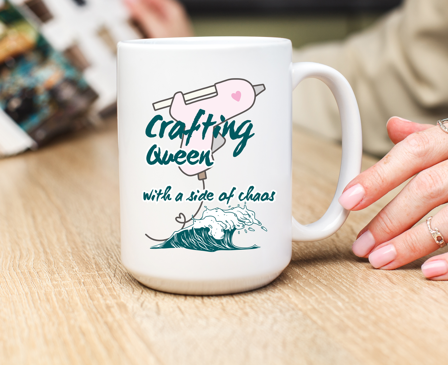 Funny Senior Coffee Mug ‘Crafting Queen, with a Side of Chaos’ – Sarcastic Senior Merch, Dark Humor Cup, Perfect Retirement Gift for Seniors, Grandparents, and Aging Legends