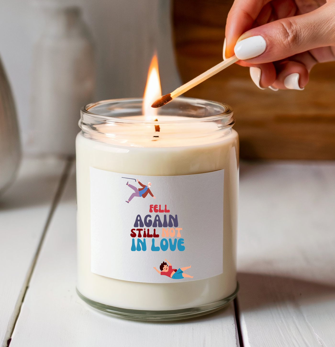 Funny Scented Soy Candle for Seniors – “Fell Again. Still Not In Love” – Sarcastic Senior Merch & Dark Humored Retirement Gift