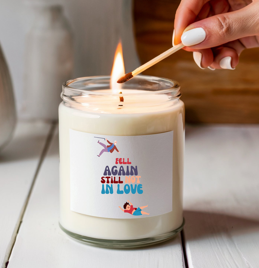 Funny Scented Soy Candle for Seniors – “Fell Again. Still Not In Love” – Sarcastic Senior Merch & Dark Humored Retirement Gift