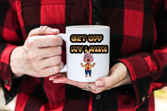 Funny Senior Coffee Mug ‘Get Off My Lawn’ – Sarcastic Senior Merch, Dark Humor Coffee Cup, Perfect Retirement Gift for Seniors, Grandparents, and Aging Legends
