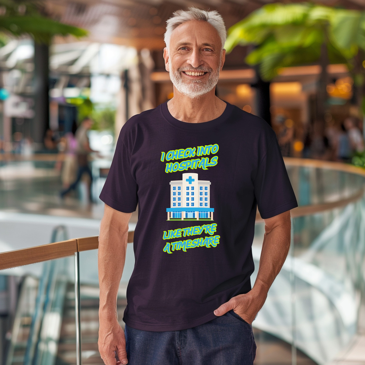 Funny Senior Tee – “I Check Into Hospitals Like They’re a Timeshare” – Sarcastic Senior Merch, Dark Humor Shirt & Funny Aging T-Shirt, Perfect Retirement Gift