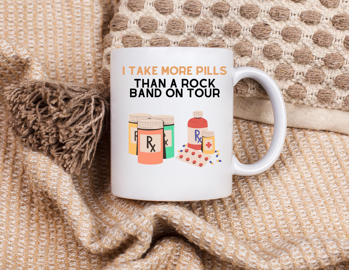 Funny Senior Coffee Mug ‘I Take More Pills Than a Rock Band’ – Sarcastic Senior Merch, Dark Humor Coffee Cup, Perfect Retirement Gift for Seniors, Grandparents, and Aging Legends