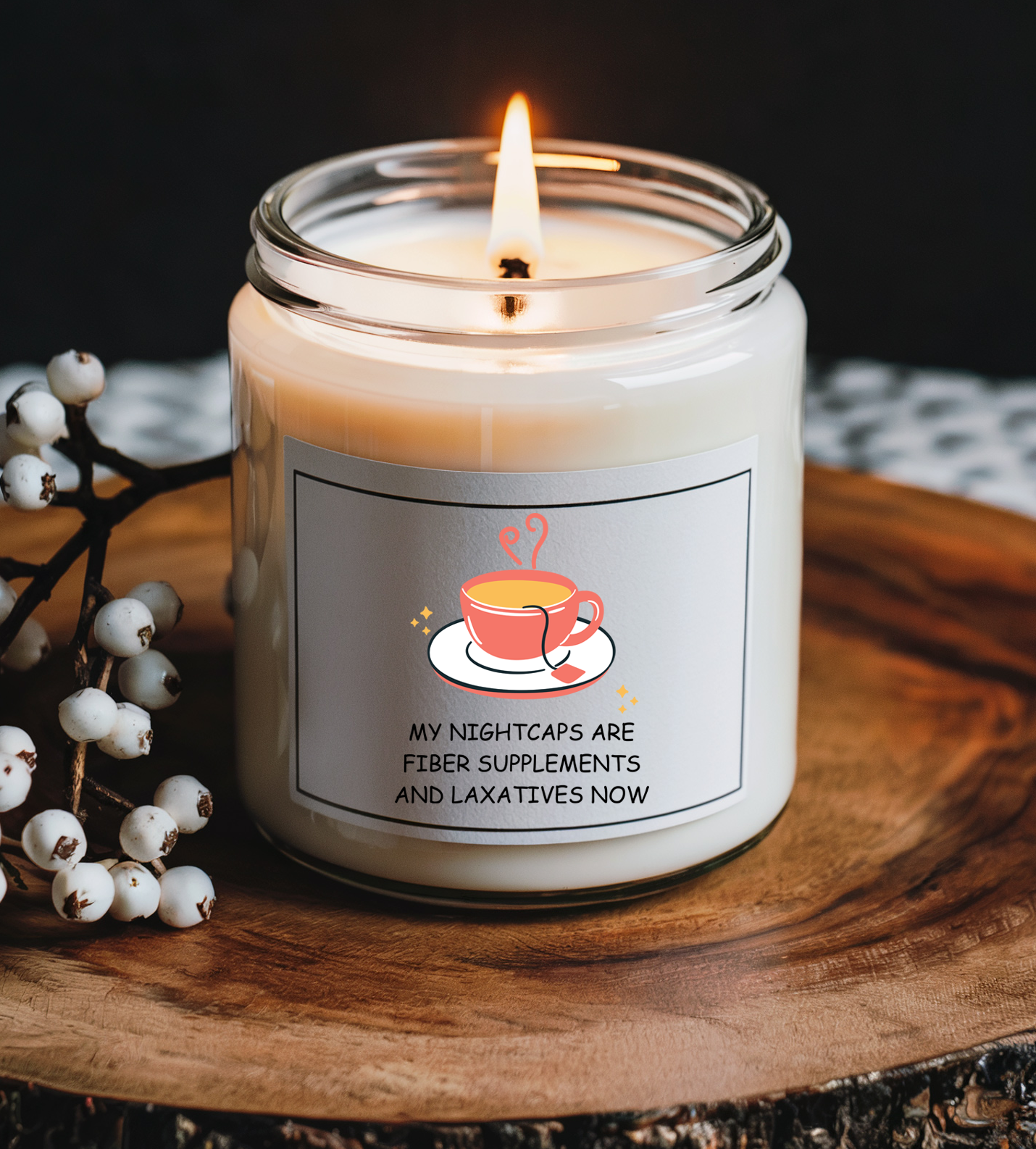 Funny Scented Soy Candle for Seniors – “My Nightcaps Are Fiber Supplements and Laxatives Now” – Sarcastic Senior Merch & Dark Humored Retirement Gift