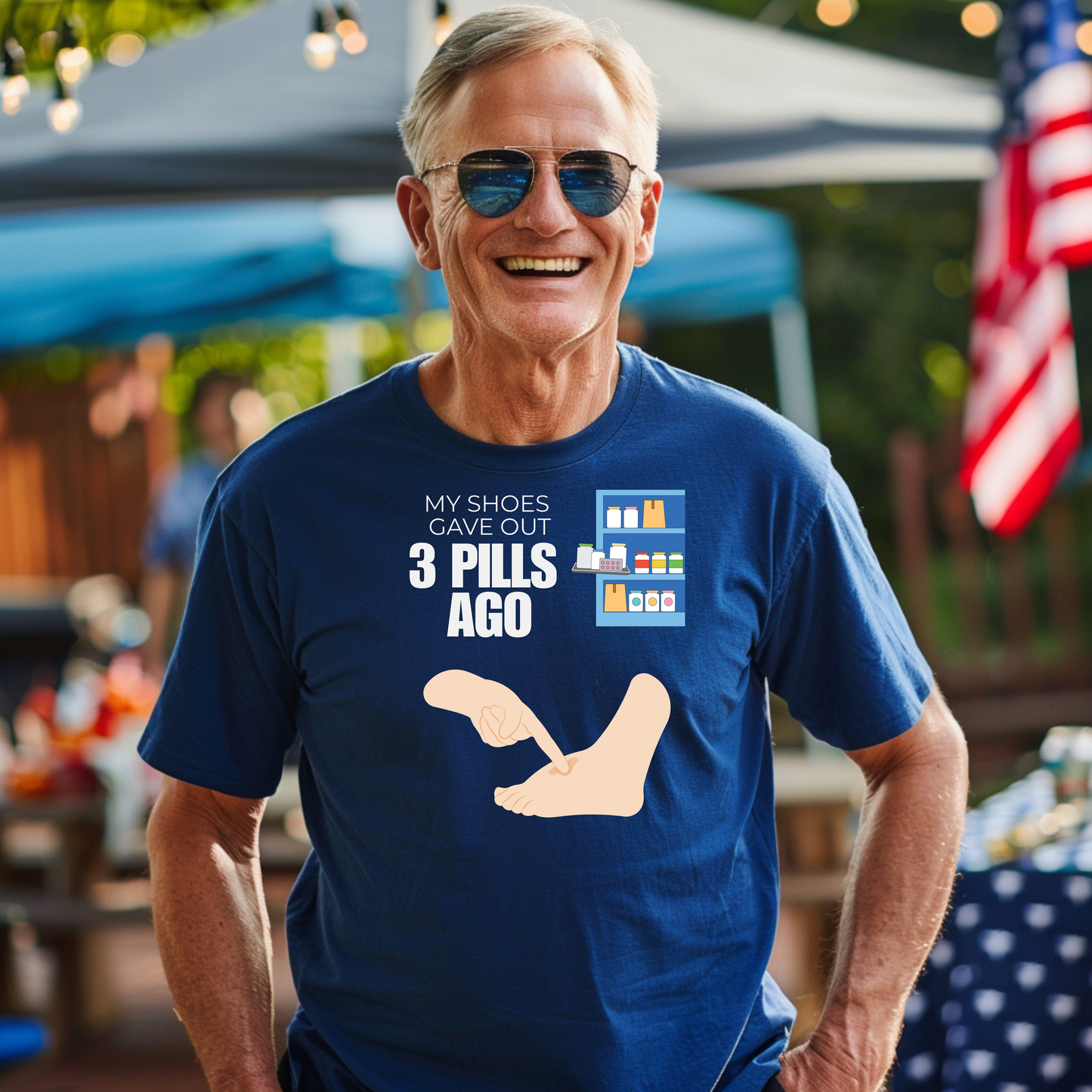 Funny Senior Tee – “My Shoes Gave Out 3 Pills Ago” – Sarcastic Retirement Gift for Seniors, Dark Humor Shirt for Aging Bodies, Swollen Feet & Pill Humor Legends