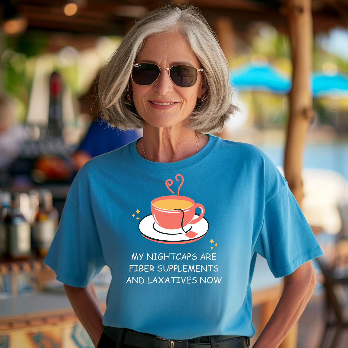 Funny Senior Tee – “My Nightcaps Are Fiber Supplements and Laxatives Now” – Sarcastic Senior Merch, Dark Humor Shirt & Funny Aging T-Shirt, Hilarious Retirement Gift for Seniors
