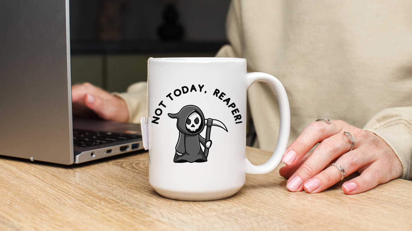 Funny Senior Coffee Mug ‘Not Today, Reaper!’ – Sarcastic Senior Merch, Dark Humor Coffee Cup, Perfect Retirement Gift for Seniors, Grandparents, and Aging Legends