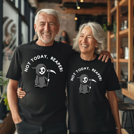 Funny Senior Tee – “Not Today, Reaper!” – Sarcastic Senior Merch, Dark Humor Shirt & Funny Aging T-Shirt, Perfect Retirement Gift