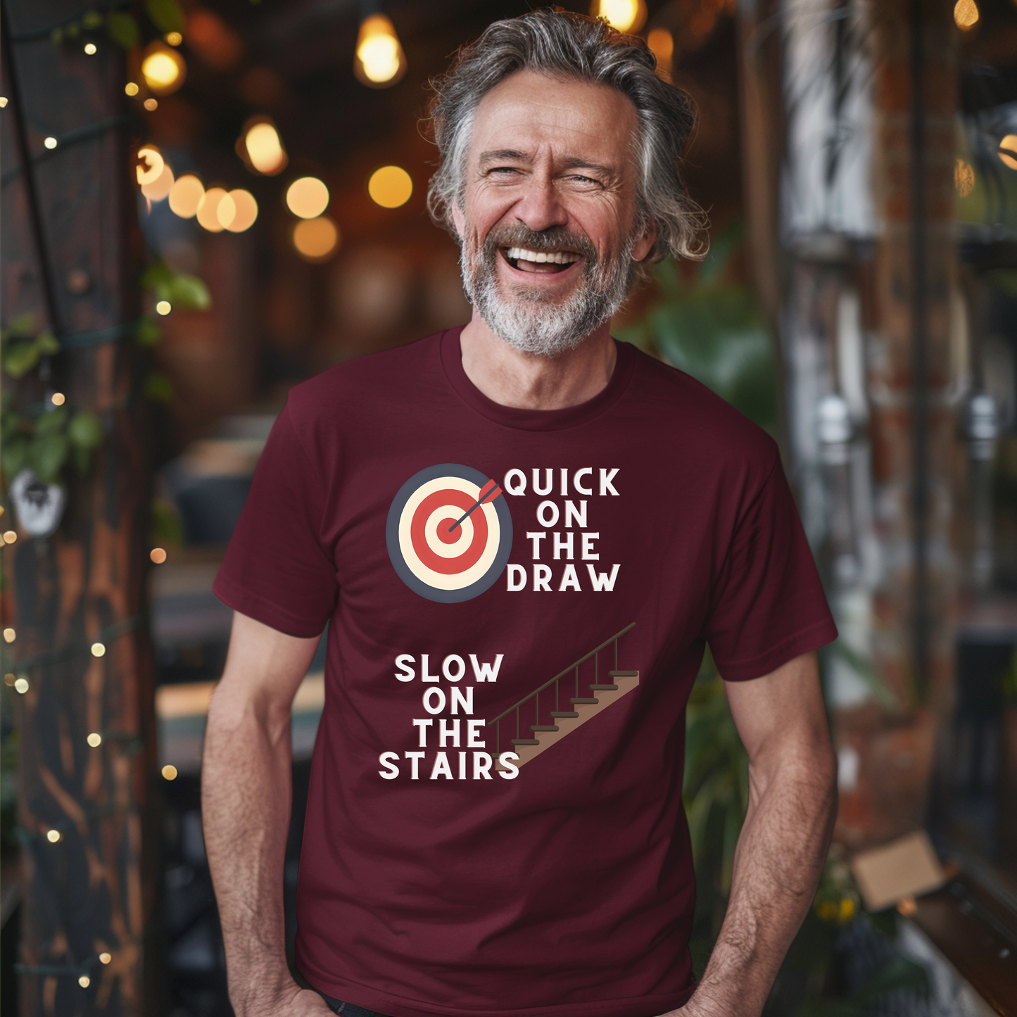 Funny Senior Tee – “Quick on the Draw, Slow on the Stairs” – Sarcastic Senior Merch, Dark Humor Shirt & Funny Aging T-Shirt, Perfect Retirement Gift for Seniors