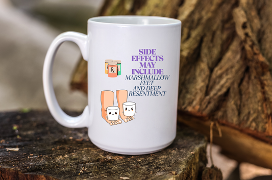 Funny Senior Coffee Mug ‘Side Effects May Include Marshmallow Feet and Deep Resentment’ – Sarcastic Senior Merch, Dark Humor Coffee Cup, Perfect Retirement Gift for Seniors, Grandparents, and Aging Legends