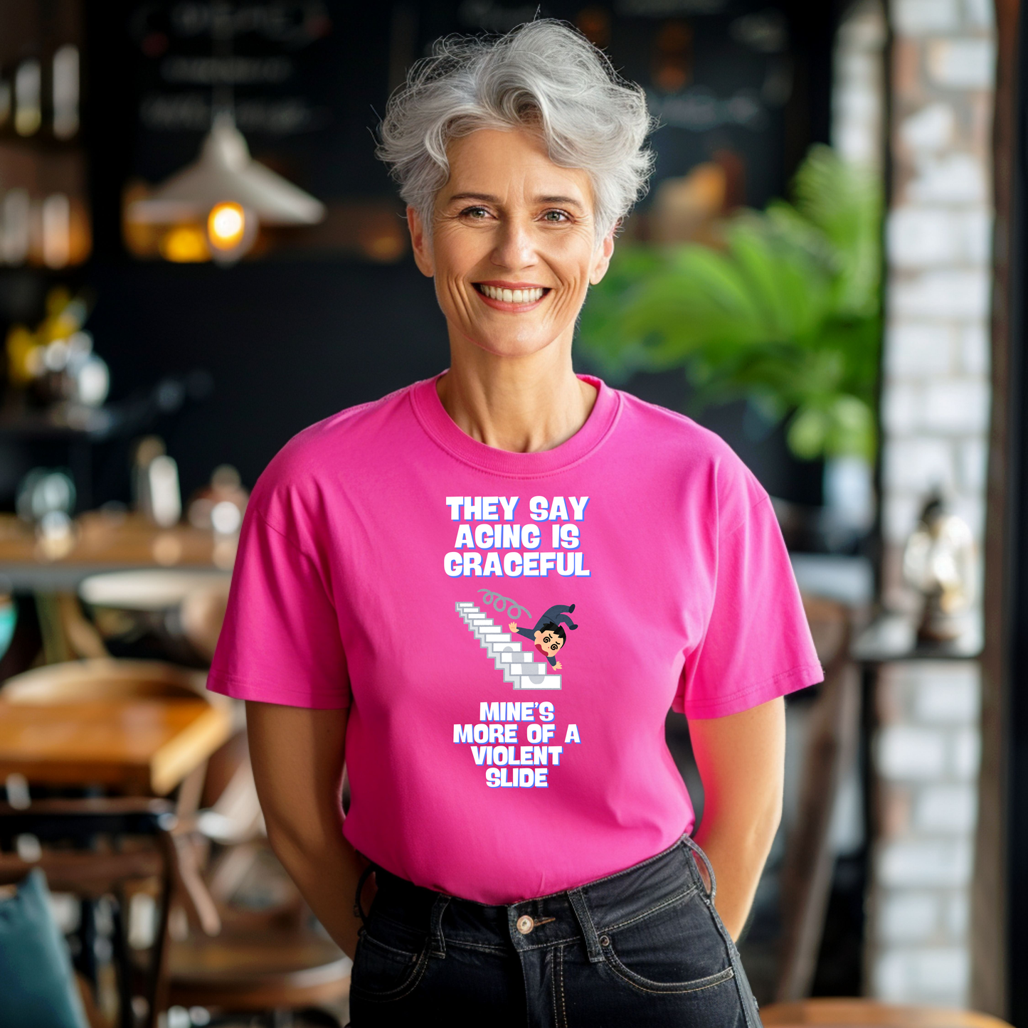 Funny Senior Tee – “They Say Aging Is Graceful, Mine’s More of a Violent Slide” – Sarcastic Senior Merch, Dark Humor Shirt & Funny Aging T-Shirt, Perfect Retirement Gift