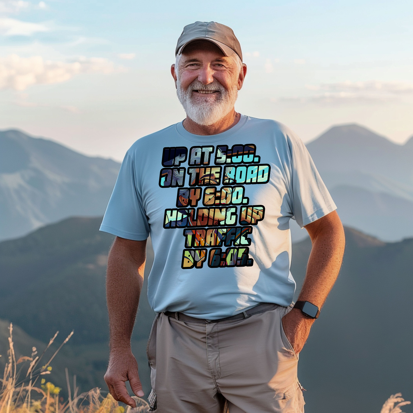 Funny Senior Tee – “Up at 5:00. On the Road by 6:00. Holding Up Traffic by 6:05.” – Sarcastic Senior Merch, Dark Humor Shirt & Funny Aging T-Shirt, Perfect Retirement Gift