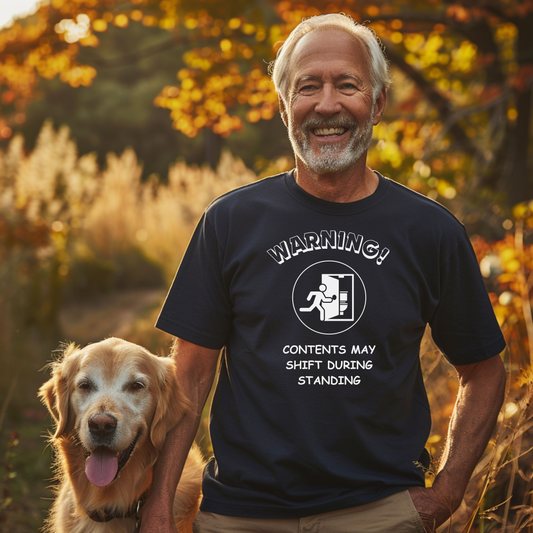 Funny Senior Tee – “Warning: Contents May Shift During Standing” – Sarcastic Senior Merch, Dark Humor Shirt & Funny Aging T-Shirt, Perfect Retirement Gift and Gag Gift for Seniors